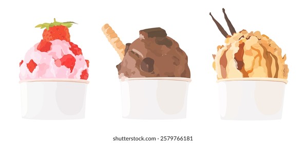 Ilustração vetorial conjunto de colheres de sorvete de desenho animado em xícara de papel branco de sabores de chocolate, caramelo e morango isolados no branco. Sobremesa fria de verão.