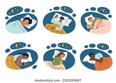 Ilustración vectorial conjunto de Imágenes de dibujos animados con diversas personas durmiendo pacíficamente por la noche. Posición de sueño acogedora y tranquila bajo un cielo estrellado y luna creciente, relajación y descanso