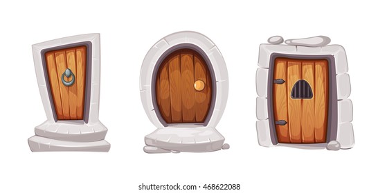 vectorial Ilustración conjunto de puertas medievales de caricatura y puerta de madera. Imágenes para el diseño de juegos Ui 2D. Al aire libre. Diversas formas. Aislar sobre fondo blanco