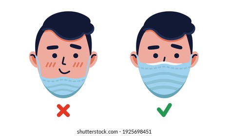 vector illustration, set of cartoon men, wearing a medical mask correctly, coronavirus
