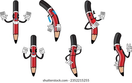Vector illustration set of cartoon pencils mascot characters in different poses and emotions.