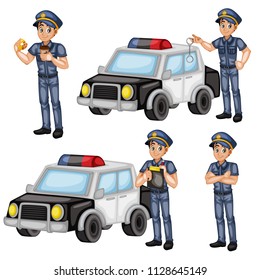 Vector Illustration Set of a Cartoon Police Officer Writing Ticket, Holding Coffee and Donuts, Holding Handcuffs, Police Office Station and Police Car 