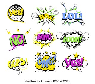 Vector illustration set of cartoon, pop art comic speech bubbles with popular words. Colored Pop Art and pin up style lol, yes, oops and other words on white background.