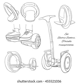 Vector illustration of Set Cartoon portable transportable. Urban modern transports. One-wheel, two-wheel, electric scooter, balance bike. Isolated linear objects on white background.