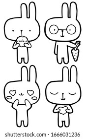  Ilustración vectorial. Conjunto de conejos de dibujos animados. Carácter lindo. Página colorear. Emociones. Pegatinas.  Línea negra. Utilícelo para niños.