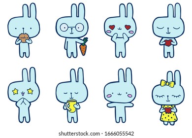 Vector illustration. Set of cartoon rabbits. Cute character. Emotions Stickers Minimalistic design. Use for kids stuff. Joy and happiness. Love and romance. Morning routine.