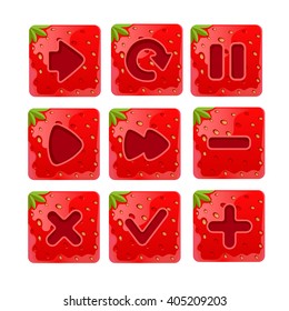 Vector illustration of a set of Cartoon red buttons, Strawberry kit for game ui development, vector gui elements. Menu buttons for web and game design.isolated on white background