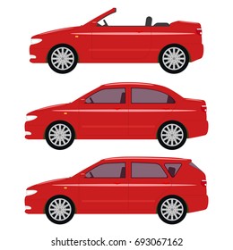 Vector illustration of a set of cartoon red cars. Isolated white background. Auto sedan, hatchback, cabriolet. Side view, flat style.