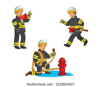 Vector illustration of set cartoon rescuers firefighters who do different things