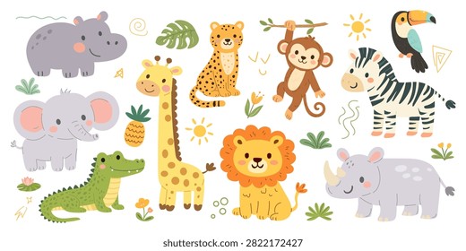 Vector illustration set of cartoon safari animals characters, doodle elements, flowers and plants. Cute bundle for creating kids prints, patterns, cards and any children designs
