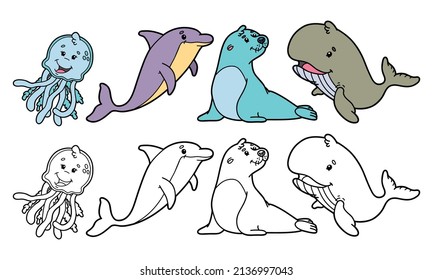 conjunto de ilustraciones vectoriales de animales marinos de dibujos animados y variantes para libro de colorantes