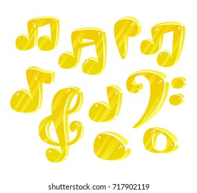 Vector illustration, set of cartoon shiny 3d music notes. 