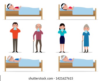 Vector illustration set of cartoon sick people runny nose. Isolated white background. Sick people lie in beds. Grandpa grandmother man woman sneeze into handkerchief. Flat style.