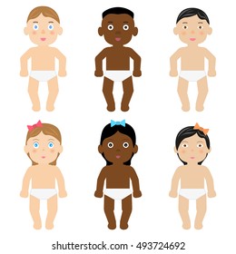 Vector illustration of a set of cartoon small baby toddler in diapers of different nationalities and races. Isolated white background. Flat style. Infant in nappy. European African Asian children.