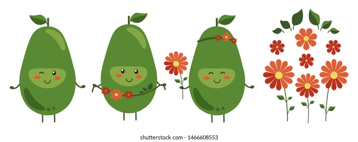 Vector illustration. Set of cartoon smiling avocado heroes with bright red flowers isolated on white. Positive fruit character with flower wreath. Bright floral decoration. Emoji Emoticon collection