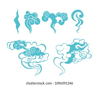 Vector illustration set of cartoon smoke blue color on white background in flat style.