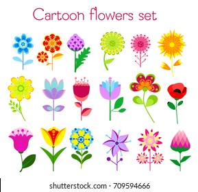 Vector illustration set of cartoon style colorful flowers in bright colors. Isolated on white for greeting cards, Easter, thanksgiving, scrap booking.