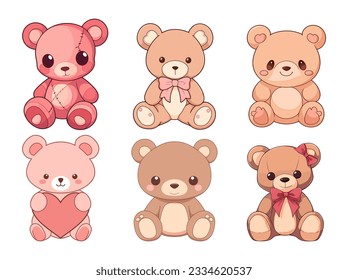 vector illustration set of cartoon teddy bear characters happy brown and pink