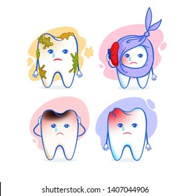 Vector illustration set of cartoon tooth characters isolated on white background. Toothache concept.