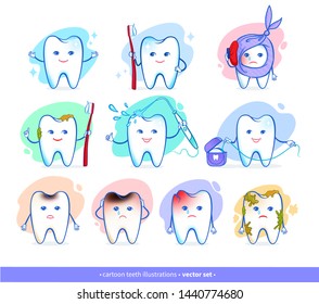Vector illustration set of cartoon tooth characters concepts isolated on white background.