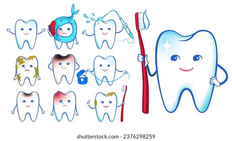 Vector illustration set of cartoon tooth characters. Teeth care, toothache and hygiene concepts.