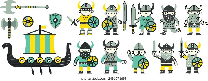 Ilustración vectorial conjunto de personajes vikingos de dibujos animados, barco y armas. Concepto lindo de los personajes para el diseño de los niños