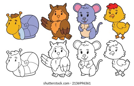 vector illustration set of cartoon wild animals and variants for coloring book
