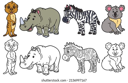 vector illustration set of cartoon wild animals and variants for coloring book