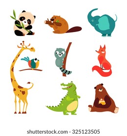 Vector illustration set of cartoon wild and tropical animals and birds, 
