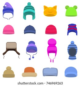 Vector illustration set of cartoon winter hats. Isolated white background. Knitted head winter accessories. Flat style. Collection of caps, beanie.