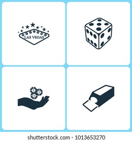 Vector Illustration Set Casino Icons. Elements of Las Vegas, Dice game, Chips on the hand and Shuffle Machine icon on white background