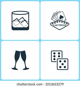 Vector Illustration Set Casino Icons. Elements of Glass of whiskey with ise, Las Vegas, Glasses of champagne and Dice game icon on white background