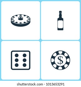 Vector Illustration Set Casino Icons. Elements of Roulette, Whiskey bottle, Dice game and Gambling chips  icon on white background