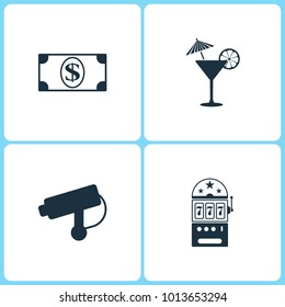 Vector Illustration Set Casino Icons. Elements of Dollar , Cocktail, Camera and Casino icon on white background