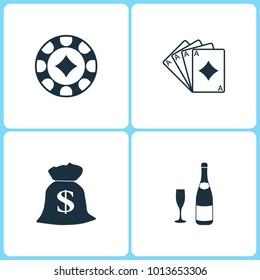 Vector Illustration Set Casino Icons. Elements of Gambling chips, Four Ace, Money bag and Champaign icon on white background