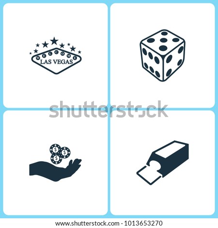 Vector Illustration Set Casino Icons. Elements of Las Vegas, Dice game, Chips on the hand and Shuffle Machine icon on white background