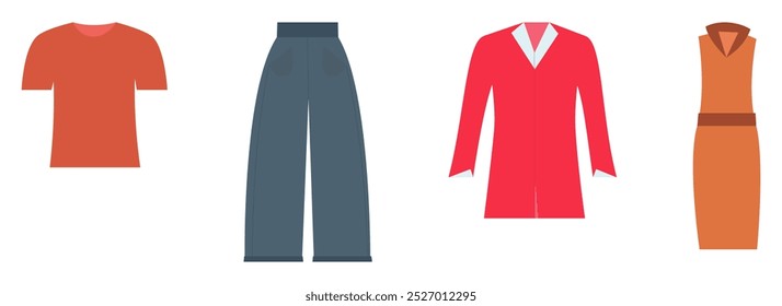 Ilustración vectorial de un conjunto de prendas informales que incluye una camiseta, pantalones de pierna ancha, abrigo y vestido, perfecto para diseños de moda y estilo de vida.