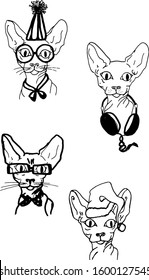 Vector illustration set of cats, cat with hat and glasses, cat with headphones. cat in glasses with a bow tie. cat in a cap. Illustration of different cats in different styles, for printing on clothes
