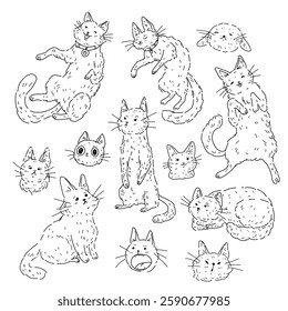 Vector illustration of a set with cats in the style of contour drawing. Cute kittens are sad, happy, sitting, sleeping and lying on their backs. Stickers with pets on a white background