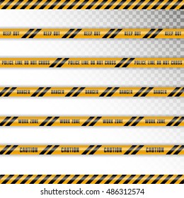 Vector illustration set of caution tapes with shadow on transparent background. Keep out, police line, do not cross, danger, work zone, caution.