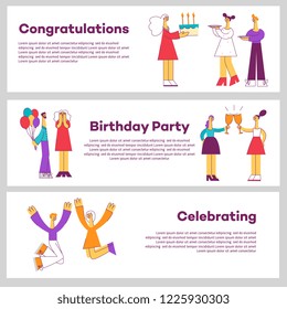 Vector illustration set of celebrating horizontal banners with various people having fun at holiday party on white background with copy space for congratulation or invitation in flat style.