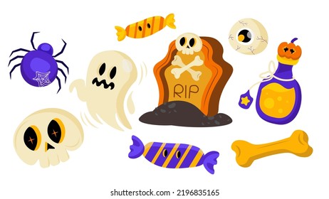 Vector and illustration set of celebratory Halloween elements in cartoon style, including a spider, skull, candy, cookie with eyes, bone, magic bottle, ghost, and tombstone