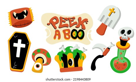 Vector and illustration set of celebratory Halloween elements in cartoon style, includes peek a boo text, tombstone ice cream, monster candy, monster cupcake, coffin, monster mushroom, magic bottle