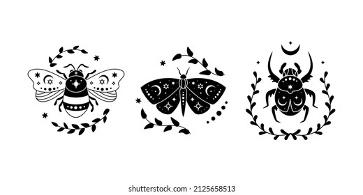 Vector illustration set of celestial butterfly, bee and bug with leaves. Black silhouette of magic insect, esoteric symbol, mystical composition.