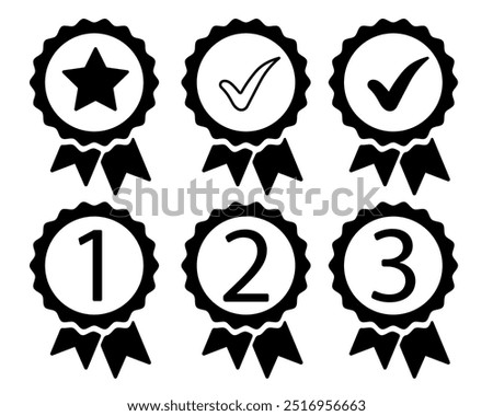 Vector illustration of a set of certificate badges with ribbons, symbolizing quality, achievement, and success. Ideal for awards, seals of approval, business certifications, or competition prizes.