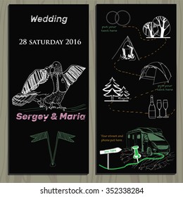 Vector illustration of set of chalk board invitation for wedding in the camping. Template for wedding design