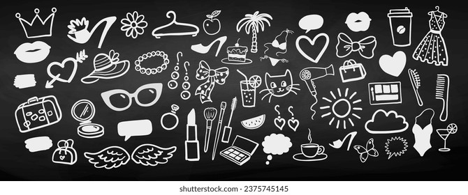 Vector illustration set of chalk drawn beauty and fashion isolated doodles on chalkboard background