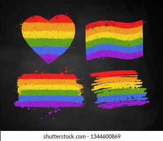 Vector illustration set of chalked rainbow LGBT flag color banners isolated on chalkboard background.