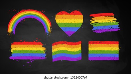 Vector illustration set of chalked rainbow LGBT flag color banners and symbols  isolated on chalkboard background.