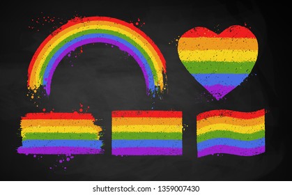 Vector illustration set of chalked rainbow LGBT flag color banners and symbols  isolated on chalkboard background.